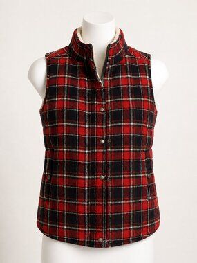 Skies Are Blue Plaid Fleece-Lined Puffer Vest Red Navy – Size Small – EUC